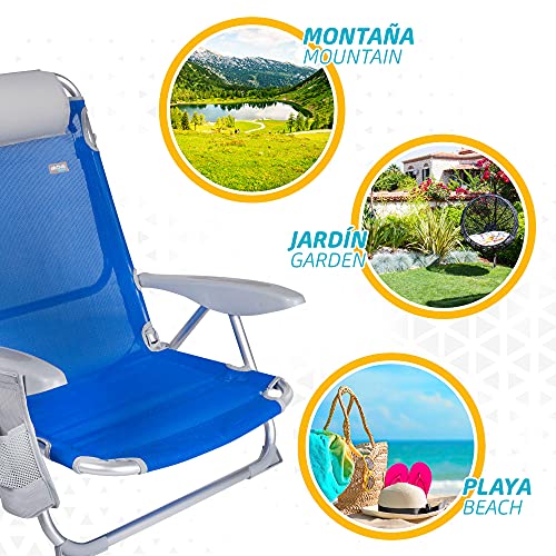 Aktive 62609 - Silla de playa plegable, con cojín, Silla reclinable, 4 posiciones, 62x62x76 cm, altura del asiento 20 cm, asa de transporte, bolsillo lateral, color azul, Aktive Beach