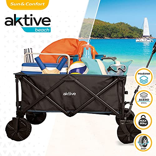 Aktive 62620 - Carro transporte plegable, carro plegable playa, camping, jardín, carro playa plegable ruedas grandes todoterreno ancho especial, mango ajustable, carrito playa para sombrillas y sillas