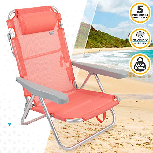 Aktive 62628 - Silla de playa plegable, Aktive Beach, Silla de playa baja, con cojín, Silla reclinable, 5 posiciones color coral, con asa de transporte, 60x47x83 cm, Altura 21 cm