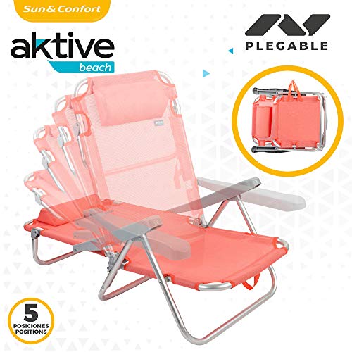 Aktive 62628 - Silla de playa plegable, Aktive Beach, Silla de playa baja, con cojín, Silla reclinable, 5 posiciones color coral, con asa de transporte, 60x47x83 cm, Altura 21 cm