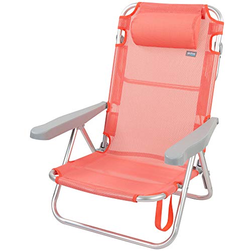 Aktive 62628 - Silla de playa plegable, Aktive Beach, Silla de playa baja, con cojín, Silla reclinable, 5 posiciones color coral, con asa de transporte, 60x47x83 cm, Altura 21 cm