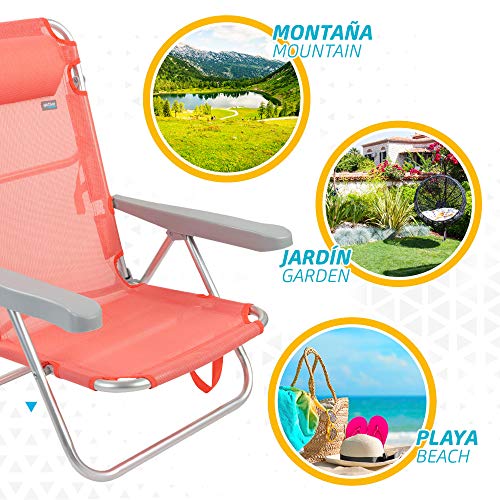 Aktive 62628 - Silla de playa plegable, Aktive Beach, Silla de playa baja, con cojín, Silla reclinable, 5 posiciones color coral, con asa de transporte, 60x47x83 cm, Altura 21 cm