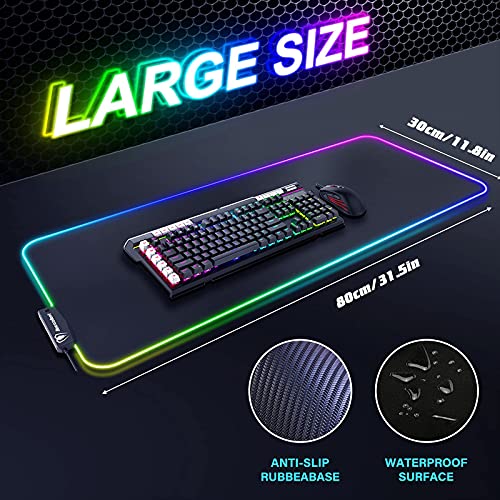 Alfombrilla Ratón Gaming, Alfombrilla Gaming RGB Grande XXL con 4 Puertos USB, 14 Modos de Luz, Base de Goma, Alfombrilla Ratón de LED Extendida y Plana para Velocidad y Control, 800 x 300mm