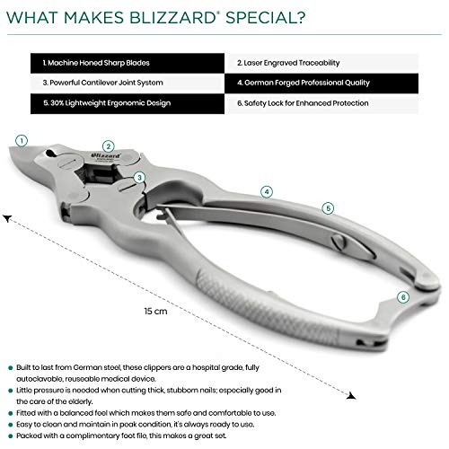 Alicate Cortauñas Blizzard - 15 cm, Triple Articulación Curvo, Resorte Doble, Acero Inoxidable Forjado Alemán - Pedicura Podología Profesional - Dispositivo Médicos, Marcado CE