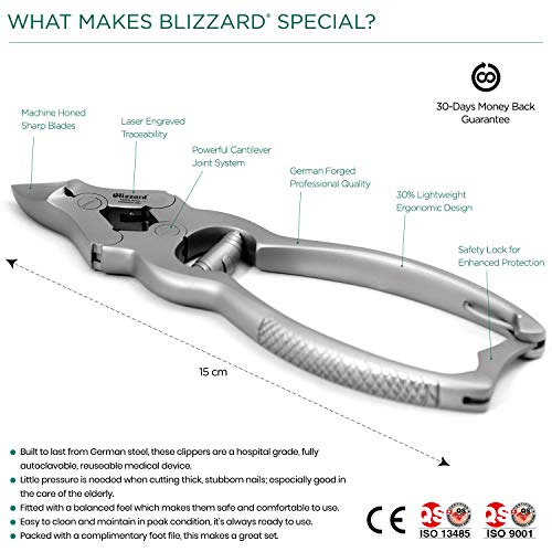 Alicate Cortauñas Blizzard - 15 cm, Triple Articulación Curvo, Resorte Espiral, Acero Inoxidable Forjado Alemán - Pedicura Podología Profesional - Dispositivo Médicos, Marcado CE