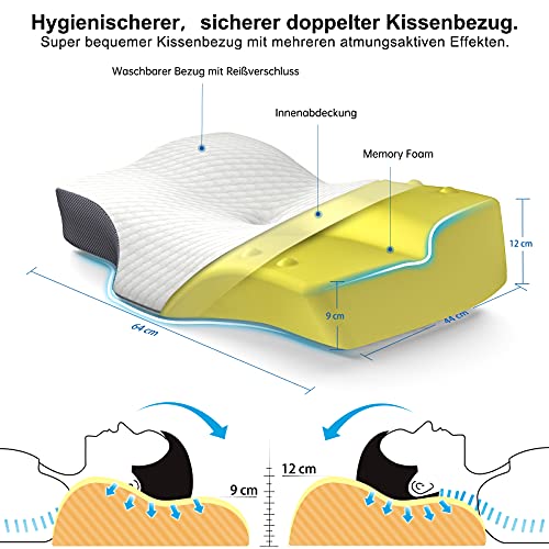 Almohada Cervical, SIGOODS Almohada Viscoelastica para Relajarse de Dolor del Cuello y Hombro,Almohada Ergonómica con Memoria de Forma para Durmiente Trasero,Agradable Para la Piel y Lavable