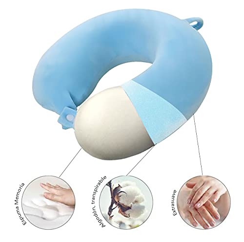 Almohada de Viaje, Almohada para Cuello Viscoelástica de Espuma Memoria, Cómoda para la Cervical, Ortopédica Soporte de Nuca para Viajar Coche Avión Bus (Azul)