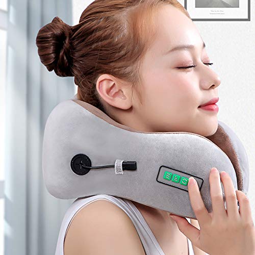 Almohada de viaje con vibración, almohada de masaje para el cuello Cómoda almohada de soporte para la cabeza en forma de U para el automóvil Descanso de viaje de la oficina en el hogar - recargable