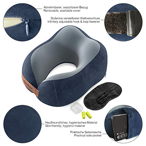 Almohada de Viaje Cuello Espuma Memoria: Set con máscara de Ojos + Tapones + Bolsa de Transporte | Travel Pillow Comoda ergonomica Suave viscoelastica | Funda Lavable, Avion Tren Coche Adultos Niños