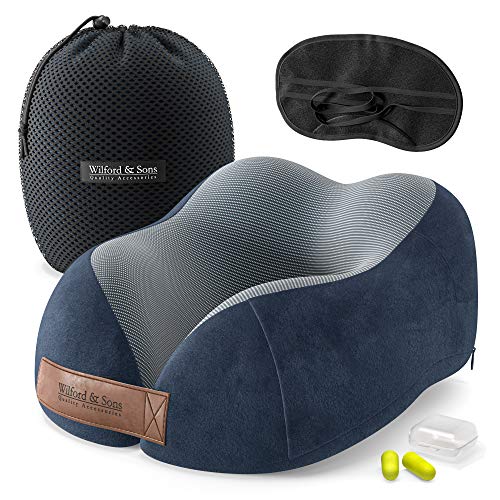 Almohada de Viaje Cuello Espuma Memoria: Set con máscara de Ojos + Tapones + Bolsa de Transporte | Travel Pillow Comoda ergonomica Suave viscoelastica | Funda Lavable, Avion Tren Coche Adultos Niños