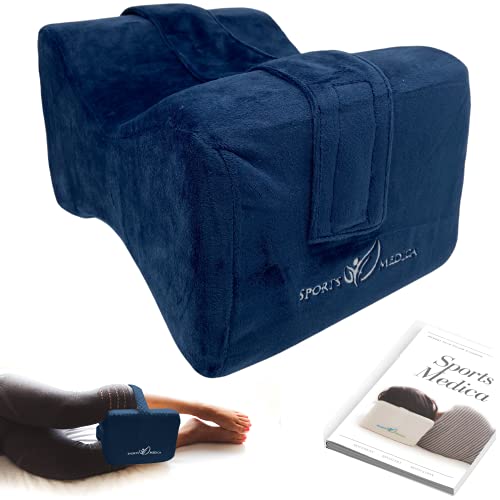 Almohada para las rodillas (azul marino) desarrollada por doctores - Cuña ortopédica viscoelástica para dormir de lado, ciática, dolor de espalda baja - Almohada para piernas - Manual incluido