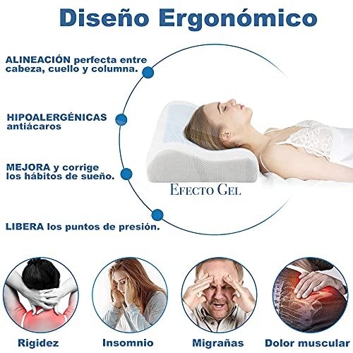 Almohada Viscoelastica de Gel, Almohada Cervical Ergonomica y Ortopedica para Dormir de Lado. Cojines Cama con Funda para Dolor de Cuello, Almohada para Cervicales + Antifaz para Dormir.