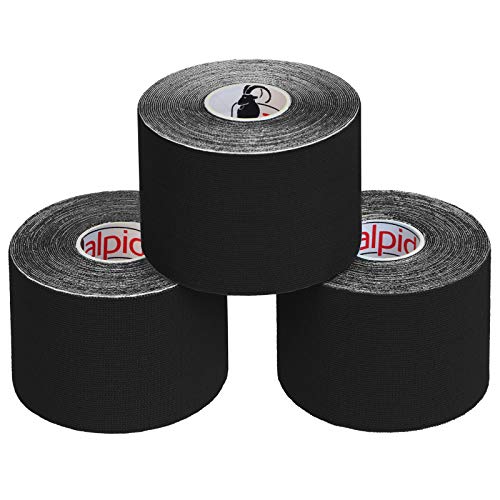 ALPIDEX 3 Rollos Cinta Kinesiología Tape 5 m x 5 cm Cinta Muscular E- Book Ejemplos Aplicación, Color:negro