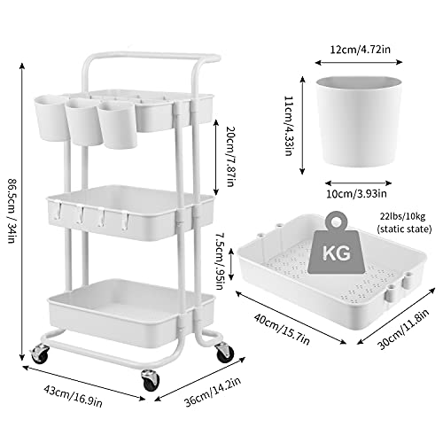 alvorog Carrito Auxiliar con 3 Niveles, Carrito de Cocina con Bloquear Ruedas y Asa Desmontable, Montaje Fácil, Carro de Almacenamiento Multifuncional para Cocina, Baño, Oficina - Blanco