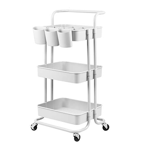 alvorog Carrito Auxiliar con 3 Niveles, Carrito de Cocina con Bloquear Ruedas y Asa Desmontable, Montaje Fácil, Carro de Almacenamiento Multifuncional para Cocina, Baño, Oficina - Blanco