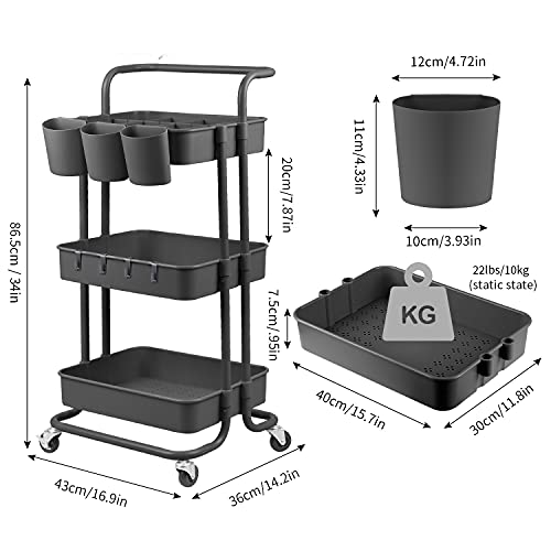 alvorog Carrito Auxiliar con 3 Niveles, Carrito de Cocina con Bloquear Ruedas y Asa Desmontable, Montaje Fácil, Carro de Almacenamiento Multifuncional para Cocina, Baño, Oficina - Negro