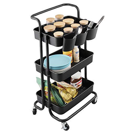 alvorog Carrito Auxiliar con 3 Niveles, Carrito de Cocina con Bloquear Ruedas y Asa Desmontable, Montaje Fácil, Carro de Almacenamiento Multifuncional para Cocina, Baño, Oficina - Negro