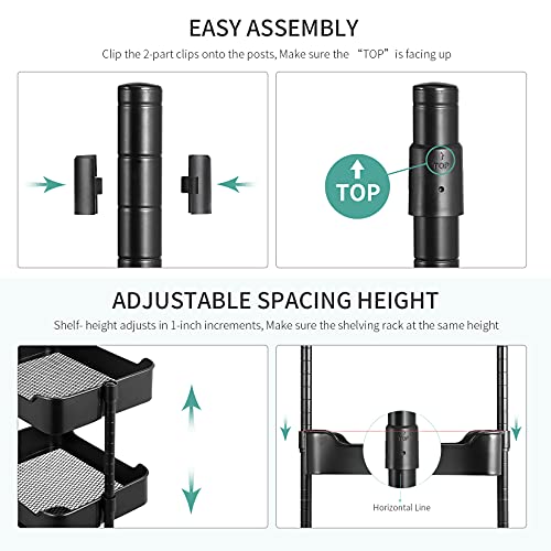 alvorog Carrito Cocina Metálico de 3 Niveles, Carrito Auxiliar Multifuncional con Cestas Ajustables, Ganchos y Canasta Colgante, Montaje Fácil, Carro de Cocina para Cocina, Oficina (Negro)