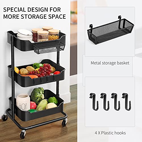 alvorog Carrito Cocina Metálico de 3 Niveles, Carrito Auxiliar Multifuncional con Cestas Ajustables, Ganchos y Canasta Colgante, Montaje Fácil, Carro de Cocina para Cocina, Oficina (Negro)