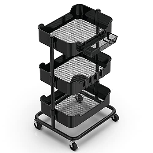 alvorog Carrito Cocina Metálico de 3 Niveles, Carrito Auxiliar Multifuncional con Cestas Ajustables, Ganchos y Canasta Colgante, Montaje Fácil, Carro de Cocina para Cocina, Oficina (Negro)