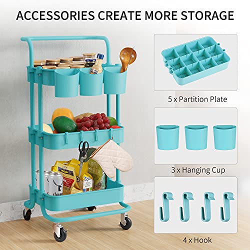 alvorog Carrito de Cocina de 3 Niveles con Ruedas, Carro de Almacenaje con Asa, Carrito Auxiliar Multifuncional para Baño, Cocina, Oficina, Salón & SPA - Azul