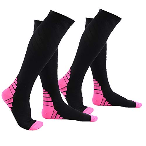 Alxcio Medias de compresión Unisex, 2 Pares de Calcetines de Correr para Deporte/Correr/Enfermera/Vuelo/Viajes/Embarazo/Medicinal Calcetines de compresión, Negro y Rosa, Größe: S/M (EU 35-39)