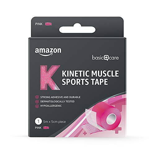 Amazon Basic Care - Cinta kinesiológica deportiva para musculatura, 5 x 5 cm, 2 cintas, 1 azul y 1 rosa