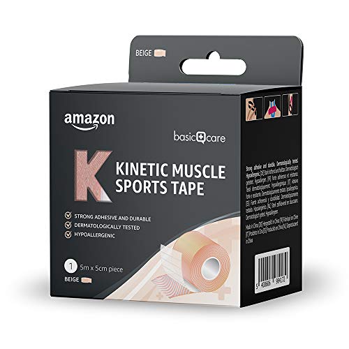 Amazon Basic Care - Cinta kinesiológica deportiva para musculatura, 5 x 5 cm, 2 cintas, 1 negra y 1 beis