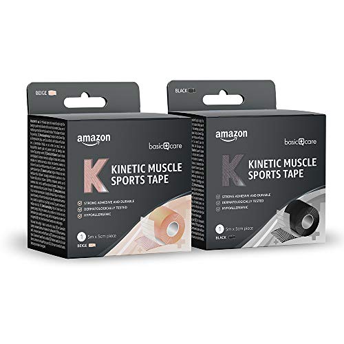 Amazon Basic Care - Cinta kinesiológica deportiva para musculatura, 5 x 5 cm, 2 cintas, 1 negra y 1 beis