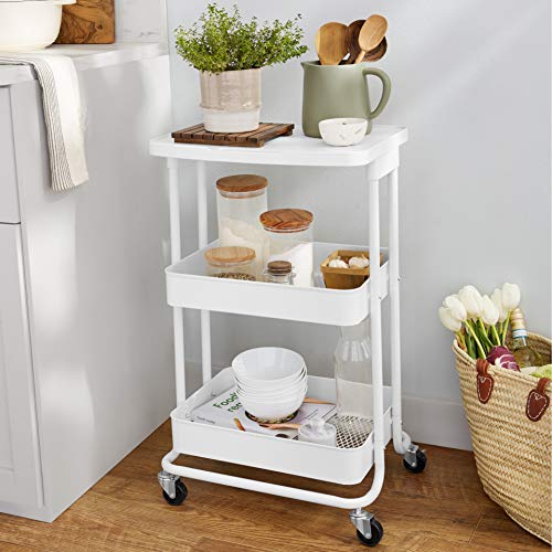 Amazon Basics - Carrito de cocina, de metal, de dos alturas, con repisa, blanco