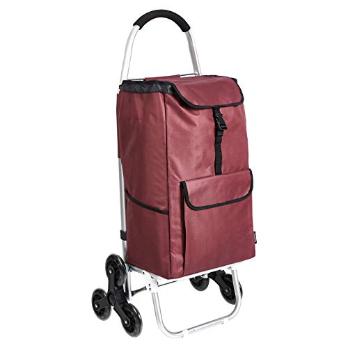 Amazon Basics - Carrito de la compra con 6 ruedas y asas de aluminio, 50 litros, color rojo