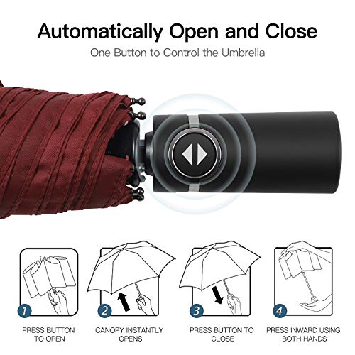 Amazon Brand - Eono Paraguas Plegable Automático Impermeable, Paraguas de Viaje Compacto a Prueba de Viento, Folding Umbrella, Recubrimiento de Teflón, Dosel Reforzado, Mango Ergonómico - Borgoña