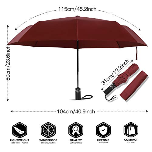 Amazon Brand - Eono Paraguas Plegable Automático Impermeable, Paraguas de Viaje Compacto a Prueba de Viento, Folding Umbrella, Recubrimiento de Teflón, Dosel Reforzado, Mango Ergonómico - Borgoña