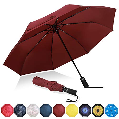 Amazon Brand - Eono Paraguas Plegable Automático Impermeable, Paraguas de Viaje Compacto a Prueba de Viento, Folding Umbrella, Recubrimiento de Teflón, Dosel Reforzado, Mango Ergonómico - Borgoña