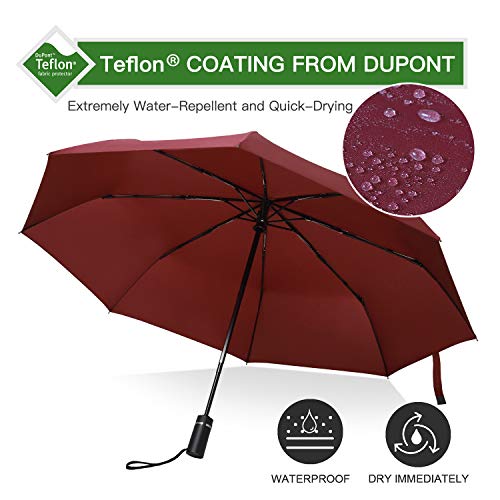 Amazon Brand - Eono Paraguas Plegable Automático Impermeable, Paraguas de Viaje Compacto a Prueba de Viento, Folding Umbrella, Recubrimiento de Teflón, Dosel Reforzado, Mango Ergonómico - Borgoña