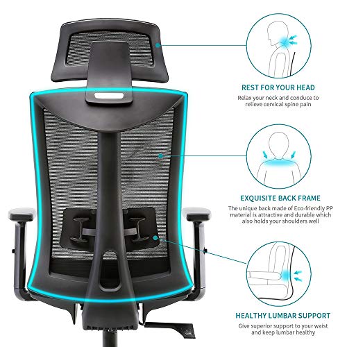 Amazon Brand – Umi Silla Oficina Silla de Escritorio ergonómica y giratoria de Malla con Soporte Lumbar Regulable y reposabrazos de Poliuretano y Asiento Acolchado-Carga máxima de 150 kg 330LB