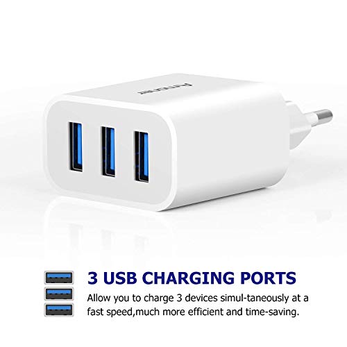 Amoner Cargador USB de Pared con 3 Puertos Cargador USB 3A Una Corriente Máxima de 2,4A Cargador Móvil para Todos Los Tipos de Celular 2 Packs (Blanco)