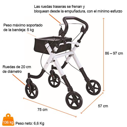 Andador Rollator para minusválidos, ancianos, ligero, plegable, frenos por presión, aluminio con bandeja transparente y bolsa extraíble, ruedas de 20 cm diámetro.