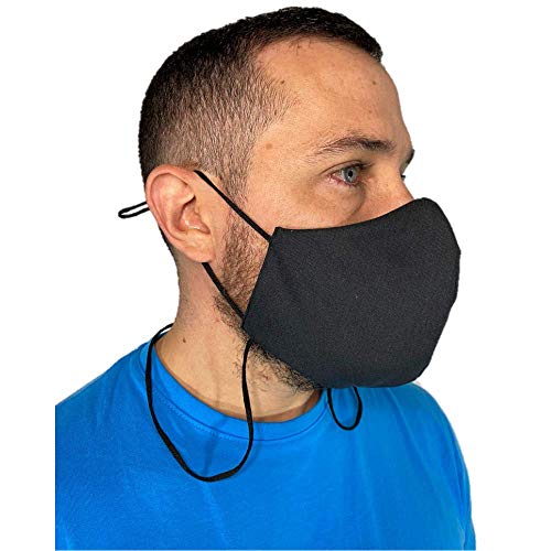 Anilev Mascarilla de tela negra reutilizable homologada lavable con colgante y reguladores 3 capas para hombre hechas en España (Pack de 3 empaquetadas individualmente)