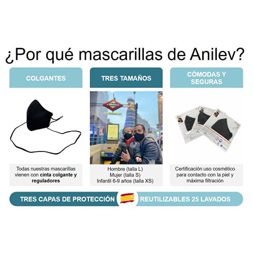 ANILEV UNA Mascarilla reutilizable higiénica de tela homologada lavable con colgante y reguladores 3 capas para mujer hecha en España