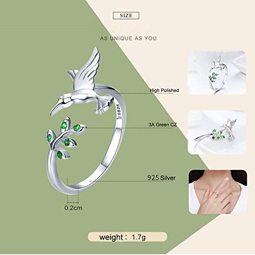 Anillo de plata de ley S925 con diseño de colibrí abierto para mujer, niña, con circonita cúbica