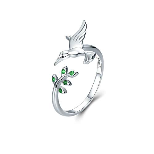 Anillo de plata de ley S925 con diseño de colibrí abierto para mujer, niña, con circonita cúbica