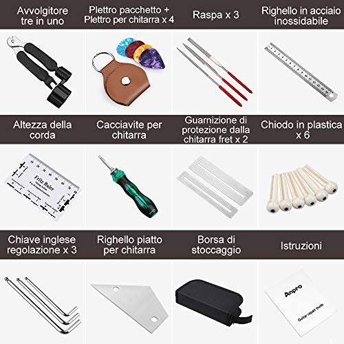 Anpro 26PCS Kit de Herramienta Guitarra,Accesorios Guitarra,Herramientas de Limpieza y Mantenimiento para Guitarra, Ukelele, Bajo, Mandolina, Banjo