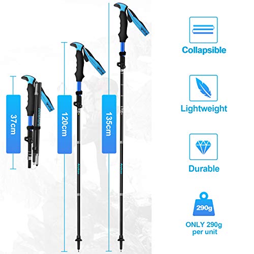 Anykuu Bastones Trekking 2pcs Bastones de Senderismo Ajustar la Longitud 120 ~ 135cm, Bastones Marcha Nordica Plegables con Bolsas de Aleación de Aluminio para Senderismo Viaje