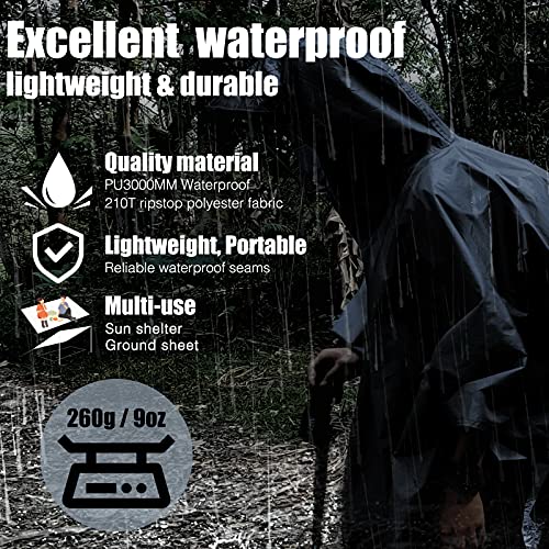 Anyoo Poncho de Lluvia Reusable de Ripstop transpirante Ligero a Prueba de Agua Multiuso Impermeable con Capucha de Lona de Tienda de Campaña Ideal para el Aire Libre Campamento Excursionismo y Pesca