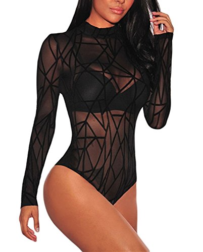 Aranmei Body Elástico para Mujer Body De Manga Larga para Mujer Mono Leotardo Bodycon Jumpsuit Bodysuit Lencería(Rayado Negro, Small)