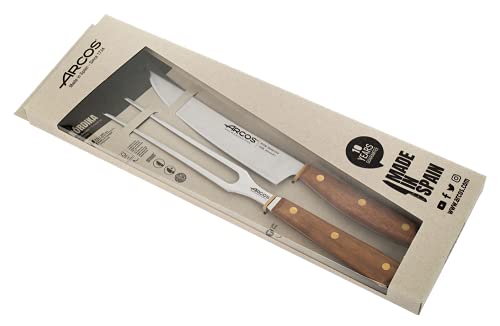 Arcos Serie Nordika - Set 2 Utensilios Barbacoa (Cuchillo Barbacoa + Tenedor Trinchante) - Acero Inoxidable NITRUM - Mango de Madera Ovengkol 100% natural FSC - Embalaje 100% reciclado