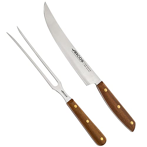 Arcos Serie Nordika - Set 2 Utensilios Barbacoa (Cuchillo Barbacoa + Tenedor Trinchante) - Acero Inoxidable NITRUM - Mango de Madera Ovengkol 100% natural FSC - Embalaje 100% reciclado