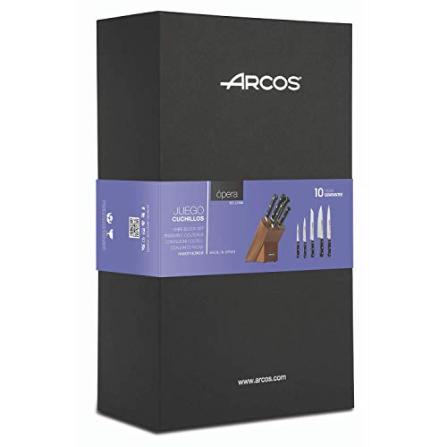 Arcos Serie Opera - Juego de Cuchillos de Cocina (5 Cuchillos), Hoja de Acero Inoxidable Forjado NITRUM, Mango de Polioximetileno (POM), Bloque Madera, Color Marrón (Con afilado FILO SEDA)