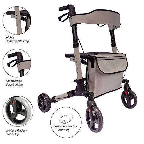 AREBOS Caminador Andador Aluminio | con Ruedas | 135kg | Gris | Altura regulable | Incluye Soporte para bastón